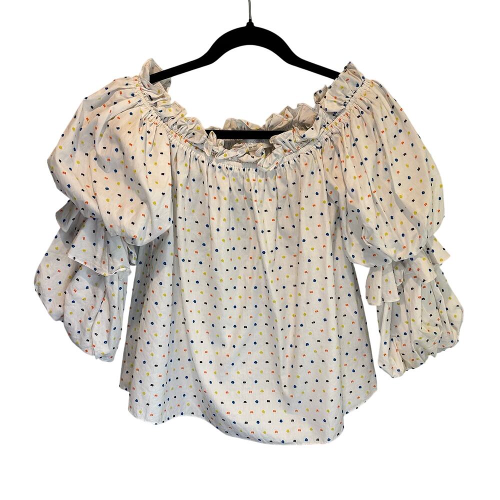 Caroline Constas Off-the-Shoulder Ruffled Sleeve Embroidered Polka Dot Top - XS